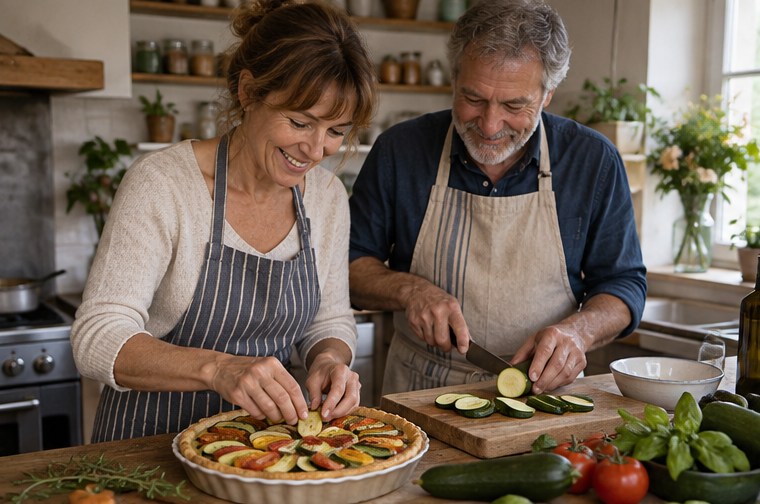 Deux adultes préparent une tarte aux légumes dans une cuisine — illustration générée par IA