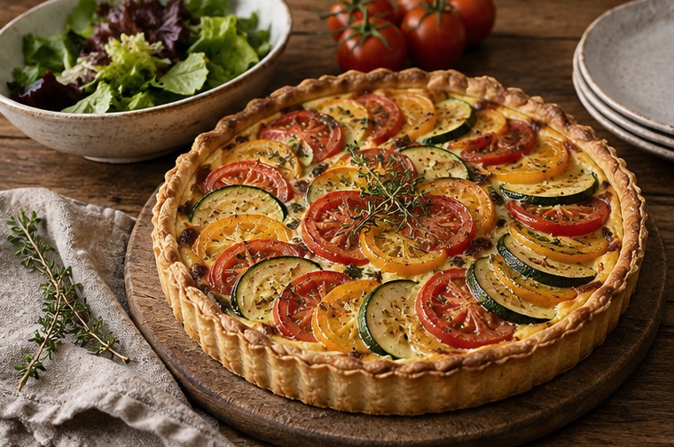 Une tarte aux légumes sur une table en bois — illustration générée par IA