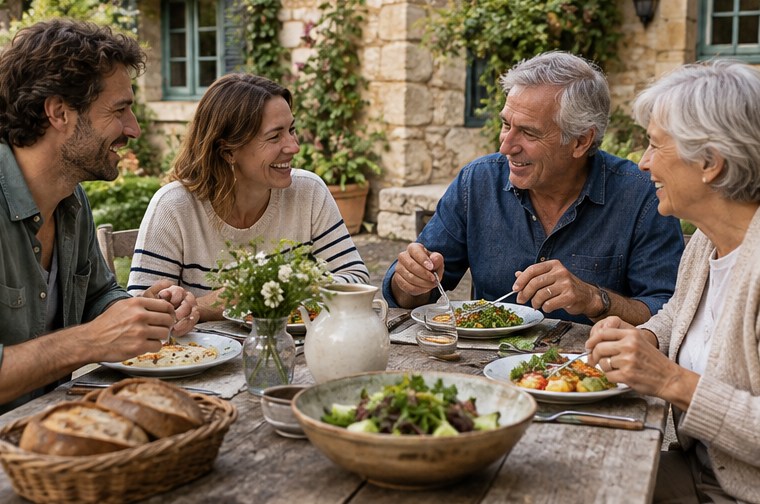 Quatre adultes partagent un repas dans une cour — illustration générée par IA
